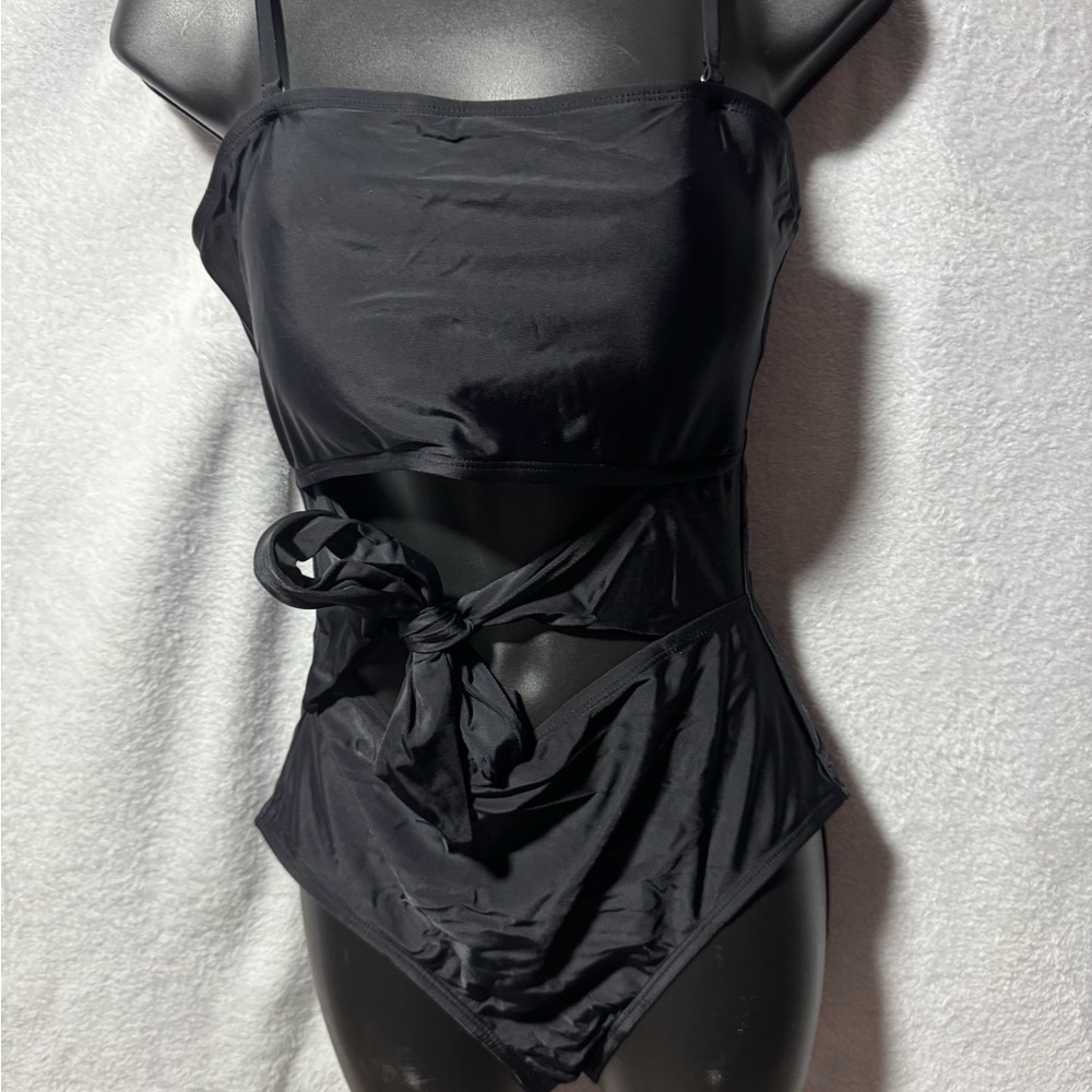 Black One-Piece Tie Waist Swimsuit